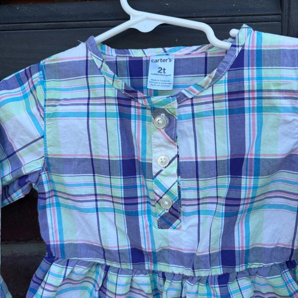 Carters Toddler Girls 2T Plaid Henley Tunic Top Long Sleeve‎ Purple Teal 259G306